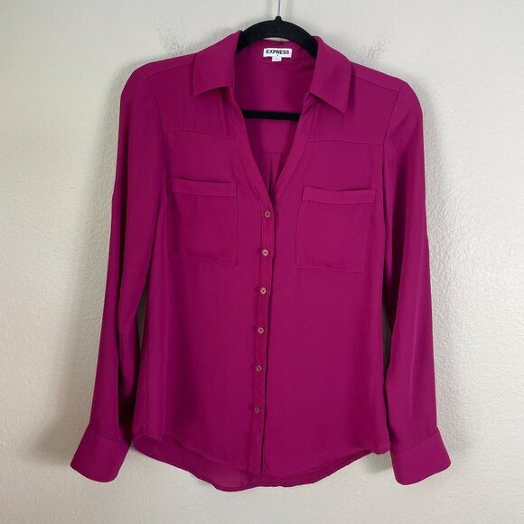 Express Shirt Womens XS Fuchsia Button Up Blouse Roll Tab Sleeve Top - Picture 1 of 7